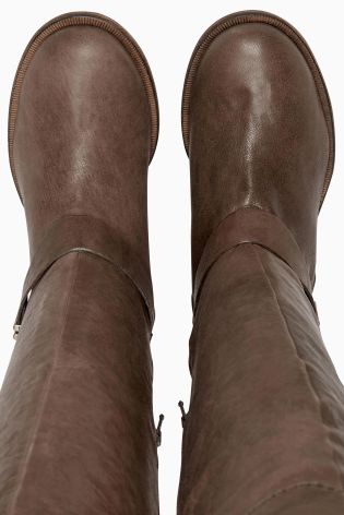 Chocolate Extra Wide Fit Casual Leather Strap Long Boots